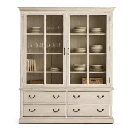 Alacena blanco rozado en madera de pino con puertas y cajones y cristal 180x44x240cm - Ixia - 616392IX - foto-blanco