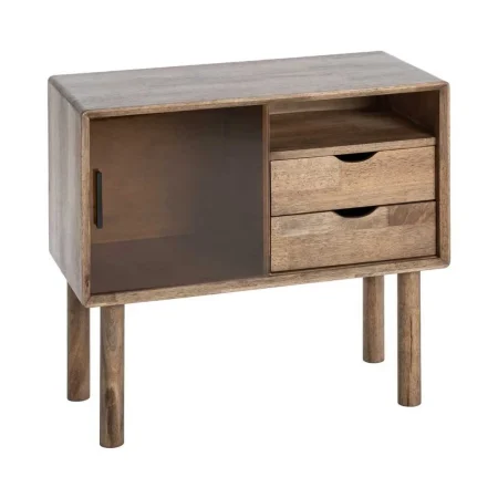 Mueble auxiliar marrón en madera de caucho y cristal templado con cajón 80x38x70cm - Ixia - 616458IX - foto-blanco