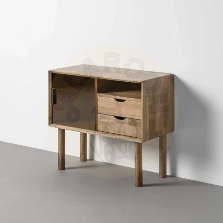 Mueble auxiliar marrón en madera de caucho y cristal templado con cajón 80x38x70cm - Ixia - 616458IX - foto-secundaria-10