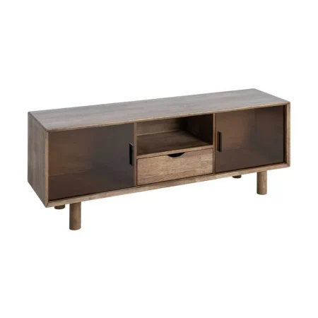 Mueble TV madera de caucho y cristal templado marrón con cajón y puertas y salida de cables - Ixia 150x40x55cm - Ixia - 616460IX - foto-blanco