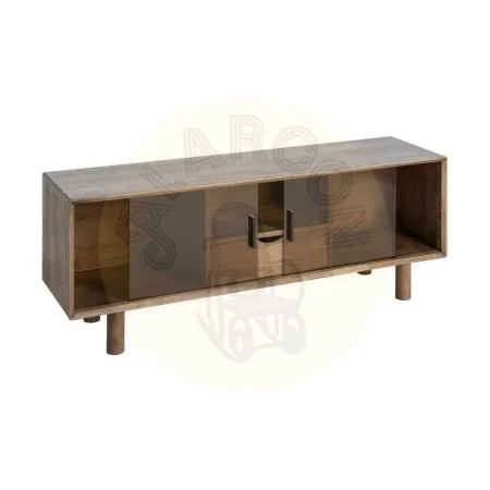 Mueble TV madera de caucho y cristal templado marrón con cajón y puertas y salida de cables - Ixia 150x40x55cm - Ixia - 616460IX - foto-secundaria-1