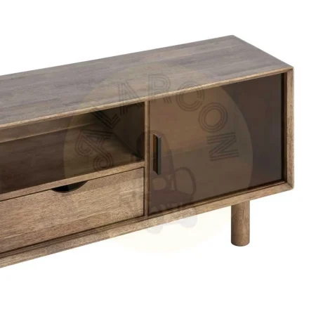 Mueble TV madera de caucho y cristal templado marrón con cajón y puertas y salida de cables - Ixia 150x40x55cm - Ixia - 616460IX - foto-secundaria-2