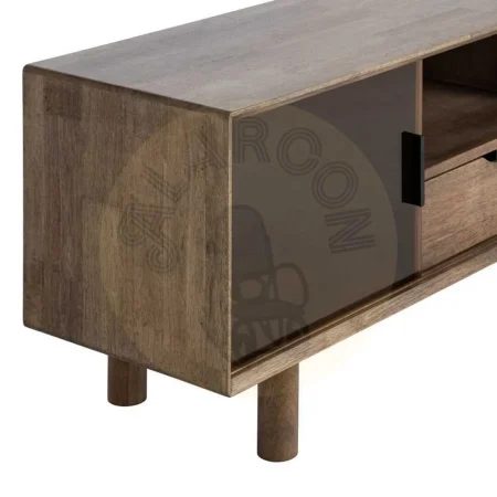 Mueble TV madera de caucho y cristal templado marrón con cajón y puertas y salida de cables - Ixia 150x40x55cm - Ixia - 616460IX - foto-secundaria-3