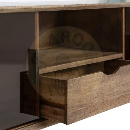 Mueble TV madera de caucho y cristal templado marrón con cajón y puertas y salida de cables - Ixia 150x40x55cm - Ixia - 616460IX - foto-secundaria-4