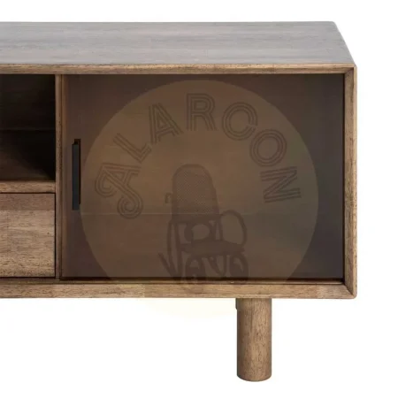 Mueble TV madera de caucho y cristal templado marrón con cajón y puertas y salida de cables - Ixia 150x40x55cm - Ixia - 616460IX - foto-secundaria-6