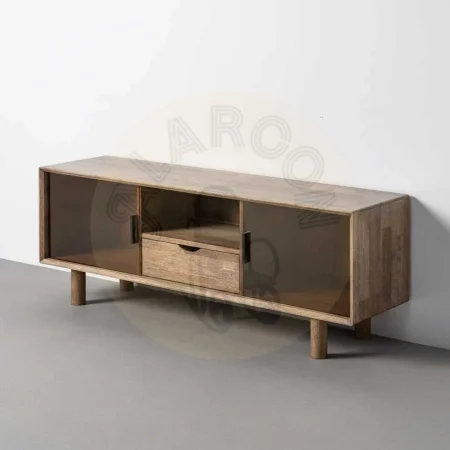 Mueble TV madera de caucho y cristal templado marrón con cajón y puertas y salida de cables - Ixia 150x40x55cm - Ixia - 616460IX - foto-secundaria-9