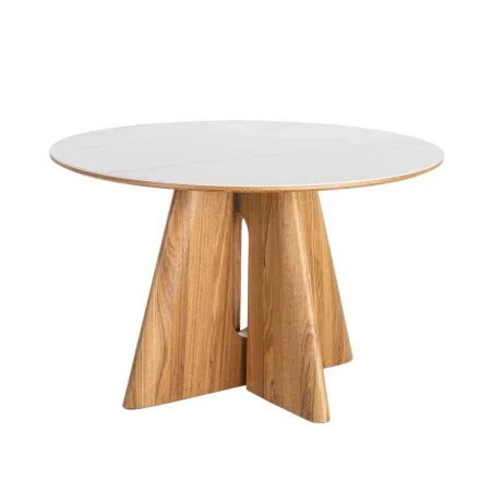 Mesa de comedor beige y marrón con tablero cerámico blanco sobre DM y patas de madera contrachapada natural 120x120x75cm - Ixia - 616508IX - foto-blanco