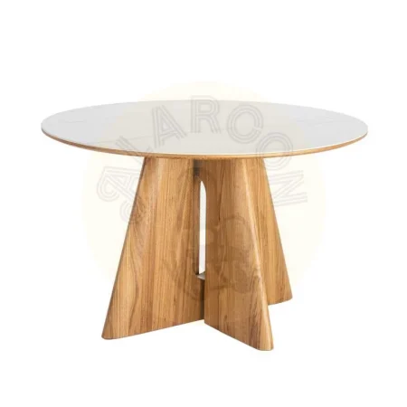 Mesa de comedor beige y marrón con tablero cerámico blanco sobre DM y patas de madera contrachapada natural 120x120x75cm - Ixia - 616508IX - foto-secundaria-5