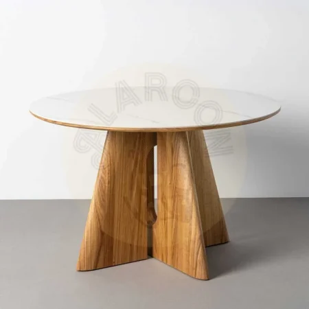 Mesa de comedor beige y marrón con tablero cerámico blanco sobre DM y patas de madera contrachapada natural 120x120x75cm - Ixia - 616508IX - foto-secundaria-7
