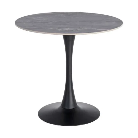 Mesa redonda en piedra sinterizada imitación mármol marquina alto brillo estructura y patas de hierro gris 80x80x75cm - Ixia - 616576IX - foto-blanco