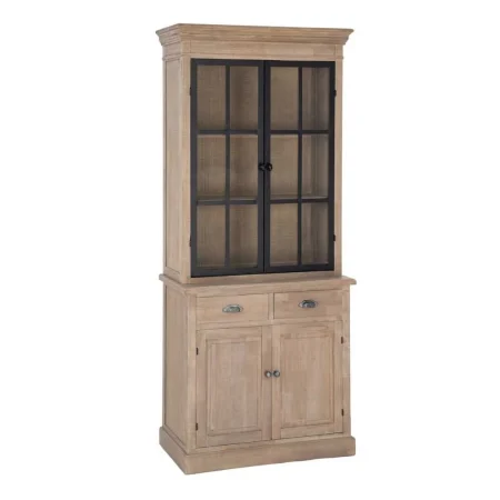 Vitrina estilo cottage natural y negra de madera de pino con puertas de cristal y detalles en metal 87x40x198cm - Ixia - 616581IX - foto-blanco