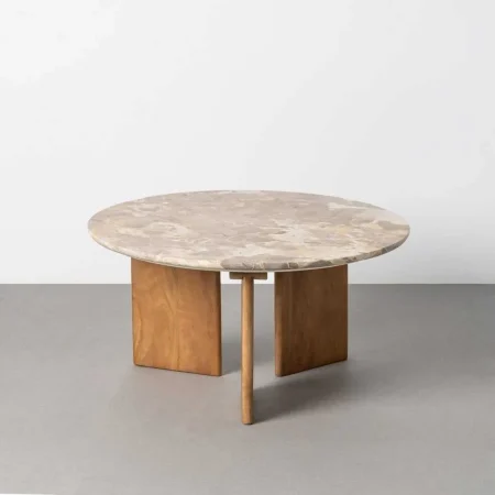 Mesa de centro beige en piedra natural y madera de mango 80x80x40cm - Ixia - 617183IX - foto-blanco