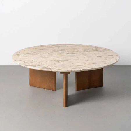 Mesa centro beige en piedra natural y madera de mango 100x100x35cm - Ixia - 617184IX - foto-blanco