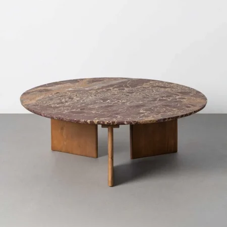 Mesa de centro burdeos en piedra natural y madera de mango 100x100x35cm - Ixia - 617186IX - foto-blanco