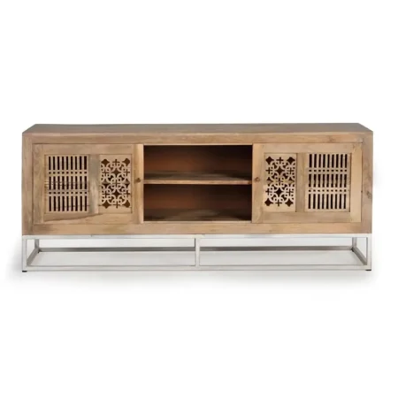 Mueble de TV Style en madera de mango acabado natural con puertas correderas talladas a mano base metálica y amplio almacenamiento 160x40x65cm - Giner y Colomer - 6172GYC - foto-blanco