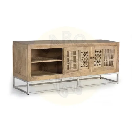 Mueble de TV Style en madera de mango acabado natural con puertas correderas talladas a mano base metálica y amplio almacenamiento 160x40x65cm - Giner y Colomer - 6172GYC - foto-secundaria-1