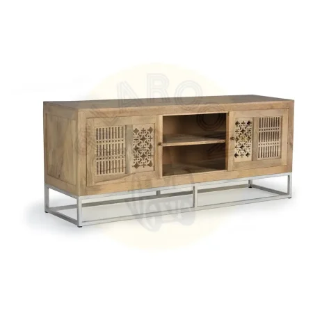 Mueble de TV Style en madera de mango acabado natural con puertas correderas talladas a mano base metálica y amplio almacenamiento 160x40x65cm - Giner y Colomer - 6172GYC - foto-secundaria-2