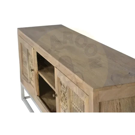 Mueble de TV Style en madera de mango acabado natural con puertas correderas talladas a mano base metálica y amplio almacenamiento 160x40x65cm - Giner y Colomer - 6172GYC - foto-secundaria-6