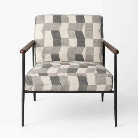 Sillón estampado gris en tejido y madera 64.50x76x81cm - Ixia - 617468IX - foto-blanco