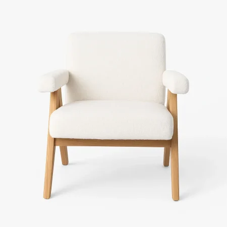 Sillón beige tapizado en poliéster con patas de madera de caucho 74x76x85cm - Ixia - 617560IX - foto-blanco