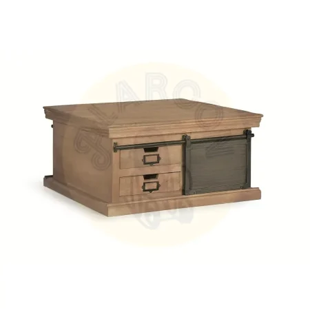 Mesa de centro cuadrada industrial en madera de mango y metal con 4 cajones y 2 puertas acabado gris oscuro envejecido 90x90x45cm - Giner y Colomer - 6194GYC - foto-secundaria-1