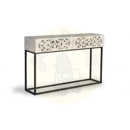 Consola Mykonos en madera de mango tallada con base metálica y 2 cajones acabado blanco envejecido 120x30x77cm - Giner y Colomer - 6197GYC - foto-secundaria-1