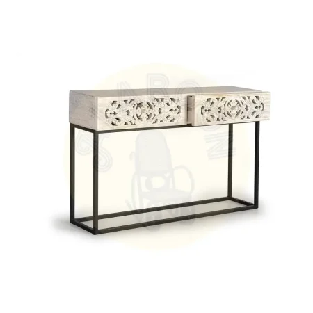 Consola Mykonos en madera de mango tallada con base metálica y 2 cajones acabado blanco envejecido 120x30x77cm - Giner y Colomer - 6197GYC - foto-secundaria-2