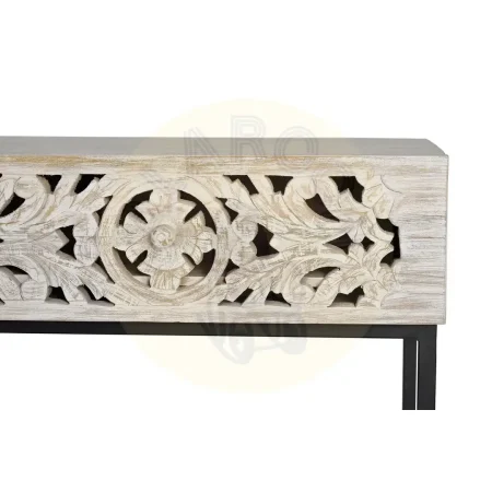 Consola Mykonos en madera de mango tallada con base metálica y 2 cajones acabado blanco envejecido 120x30x77cm - Giner y Colomer - 6197GYC - foto-secundaria-4