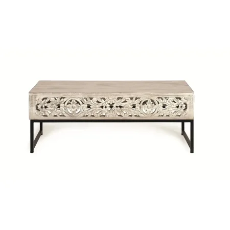 Mesa de centro Mykonos rectangular en madera de mango y metal acabado blanco envejecido estilo vintage rústico bohemio 110x60x40cm - Giner y Colomer - 6198GYC - foto-blanco