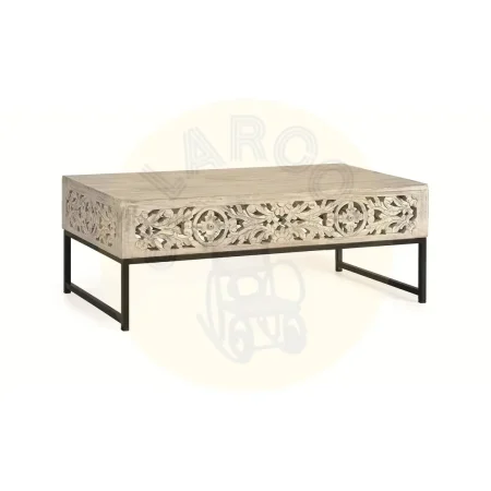 Mesa de centro Mykonos rectangular en madera de mango y metal acabado blanco envejecido estilo vintage rústico bohemio 110x60x40cm - Giner y Colomer - 6198GYC - foto-secundaria-1