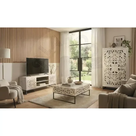 Mesa de centro Mykonos rectangular en madera de mango y metal acabado blanco envejecido estilo vintage rústico bohemio 110x60x40cm - Giner y Colomer - 6198GYC - foto-secundaria-4