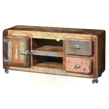 Mueble de TV Fridge en madera reciclada con puerta y 2 cajones estilo rústico sostenible 135x40x56cm - Giner y Colomer - 6213GYC - foto-secundaria-1