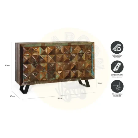 Aparador Diamante Reciclado en madera reciclada 13 cajones patas estilizadas acabado artesanal y sostenible 150x40x90cm - Giner y Colomer - 6240GYC - foto-secundaria-5