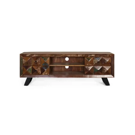 Mueble TV Diamante Reciclado en madera reciclada con 4 cajones espacio central abierto patas de hierro y orificios pasacables 150x40x55cm - Giner y Colomer - 6244GYC - foto-blanco