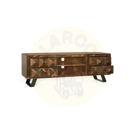 Mueble TV Diamante Reciclado en madera reciclada con 4 cajones espacio central abierto patas de hierro y orificios pasacables 150x40x55cm - Giner y Colomer - 6244GYC - foto-secundaria-1