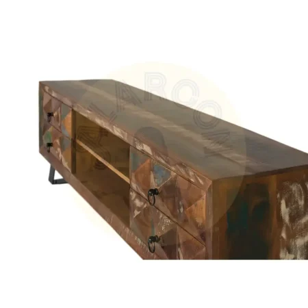 Mueble TV Diamante Reciclado en madera reciclada con 4 cajones espacio central abierto patas de hierro y orificios pasacables 150x40x55cm - Giner y Colomer - 6244GYC - foto-secundaria-2