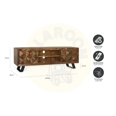 Mueble TV Diamante Reciclado en madera reciclada con 4 cajones espacio central abierto patas de hierro y orificios pasacables 150x40x55cm - Giner y Colomer - 6244GYC - foto-secundaria-5