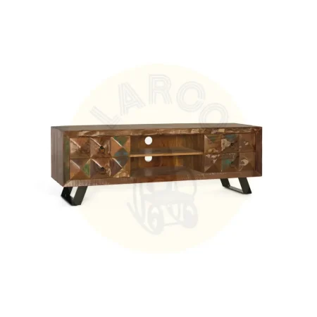 Mueble TV Diamante Reciclado en madera reciclada con 4 cajones espacio central abierto patas de hierro y orificios pasacables 150x40x55cm - Giner y Colomer - 6244GYC - foto-secundaria-7
