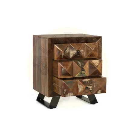 Mesita de noche Diamante Reciclado 3 cajones madera reciclada con pies de hierro y vetas únicas 50x40x60cm - Giner y Colomer - 6248GYC - foto-secundaria-1