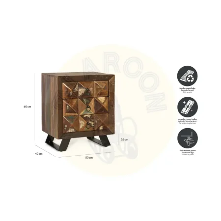 Mesita de noche Diamante Reciclado 3 cajones madera reciclada con pies de hierro y vetas únicas 50x40x60cm - Giner y Colomer - 6248GYC - foto-secundaria-5