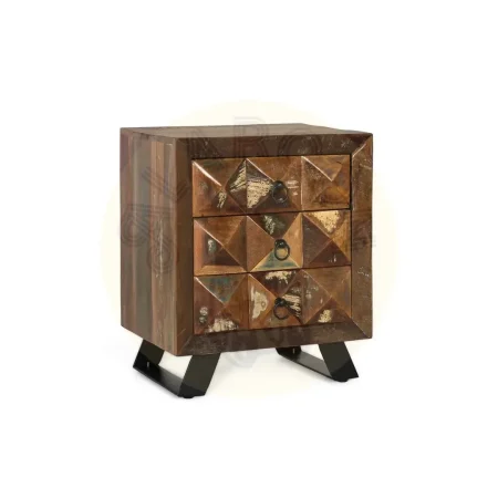 Mesita de noche Diamante Reciclado 3 cajones madera reciclada con pies de hierro y vetas únicas 50x40x60cm - Giner y Colomer - 6248GYC - foto-secundaria-7