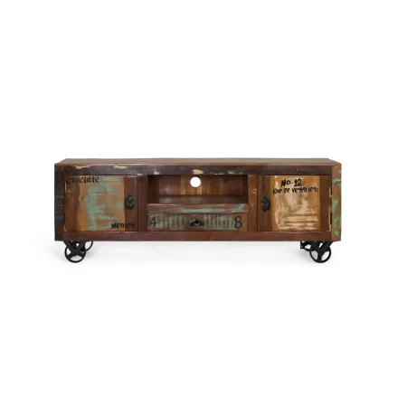Mueble TV Verrier madera maciza reciclada 2 puertas 1 cajón ruedas de hierro acabado único 160x40x55cm - Giner y Colomer - 6295GYC - foto-blanco