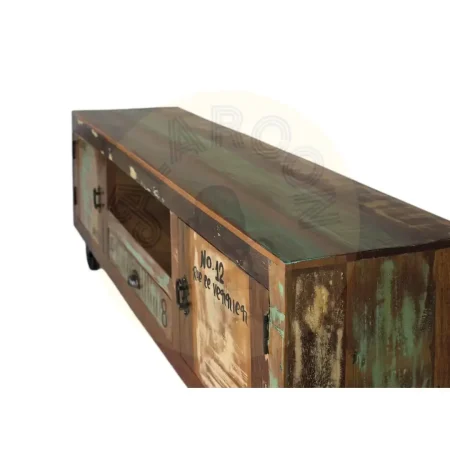 Mueble TV Verrier madera maciza reciclada 2 puertas 1 cajón ruedas de hierro acabado único 160x40x55cm - Giner y Colomer - 6295GYC - foto-secundaria-1