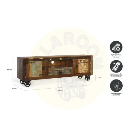 Mueble TV Verrier madera maciza reciclada 2 puertas 1 cajón ruedas de hierro acabado único 160x40x55cm - Giner y Colomer - 6295GYC - foto-secundaria-5