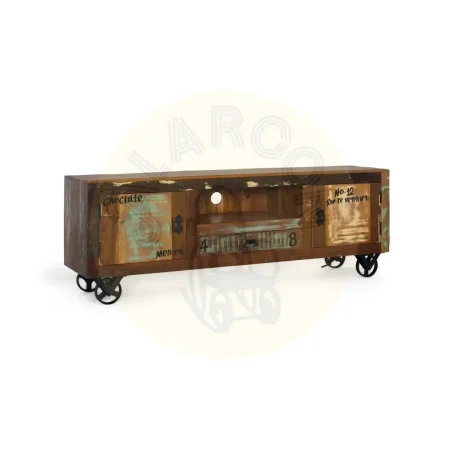 Mueble TV Verrier madera maciza reciclada 2 puertas 1 cajón ruedas de hierro acabado único 160x40x55cm - Giner y Colomer - 6295GYC - foto-secundaria-7