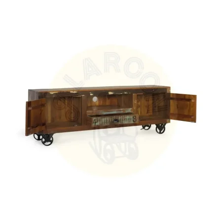 Mueble TV Verrier madera maciza reciclada 2 puertas 1 cajón ruedas de hierro acabado único 160x40x55cm - Giner y Colomer - 6295GYC - foto-secundaria-8