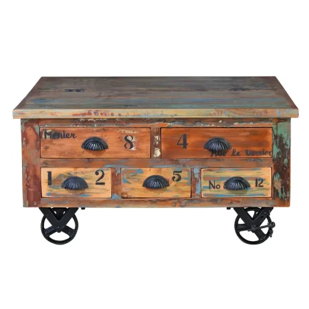 Mesa de centro Verrier cuadrada en madera auténtica reciclada multicolor con ruedas de hierro 5 cajones apertura superior 90x90x40cm - Giner y Colomer - 6300GYC - foto-blanco