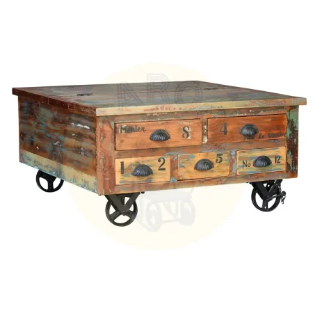 Mesa de centro Verrier cuadrada en madera auténtica reciclada multicolor con ruedas de hierro 5 cajones apertura superior 90x90x40cm - Giner y Colomer - 6300GYC - foto-secundaria-1