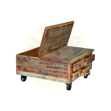 Mesa de centro Verrier cuadrada en madera auténtica reciclada multicolor con ruedas de hierro 5 cajones apertura superior 90x90x40cm - Giner y Colomer - 6300GYC - foto-secundaria-2