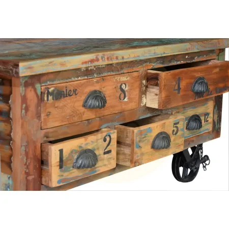 Mesa de centro Verrier cuadrada en madera auténtica reciclada multicolor con ruedas de hierro 5 cajones apertura superior 90x90x40cm - Giner y Colomer - 6300GYC - foto-secundaria-3
